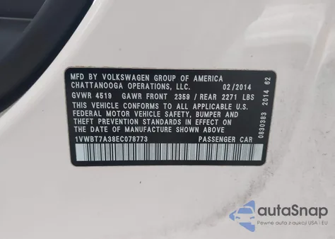 2014 Volkswagen Passat 1.8T Sport from USA, damaged, VIN 1VWBT7A38EC078773